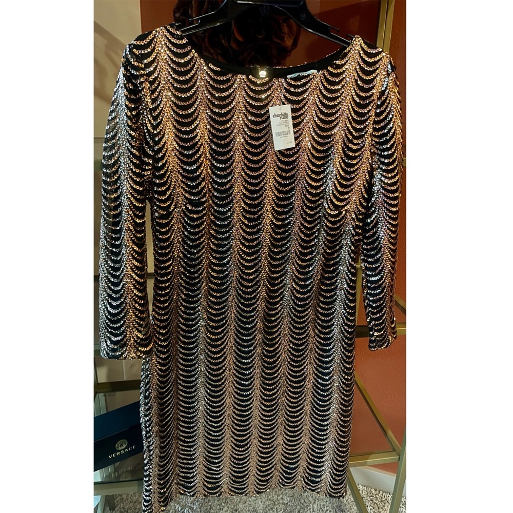 NWT - Charlotte Russe Sequin Mini Cocktail Dress – Black & Gold, Bodycon, Size M - Picture 3 of 4
